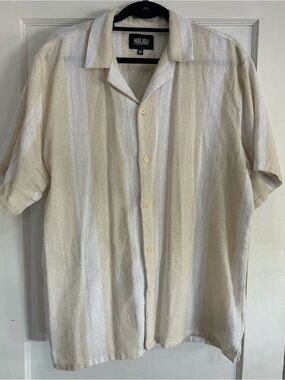 Malibu Beige & White Vertical-Striped Short Sleeve Camp Shirt